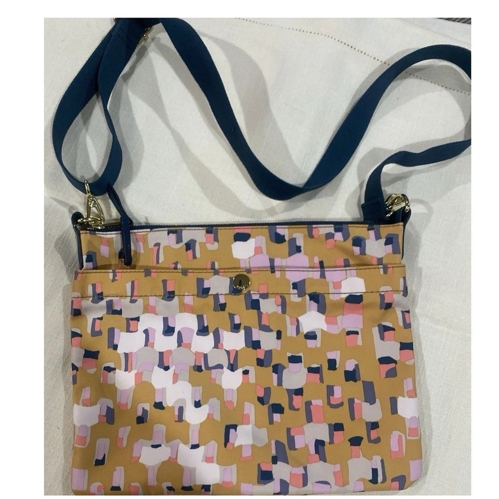 Fossil Nylon Crossbody Bag Mustard Yellow Pink Abstract Geometric Print‎ Zip Top
